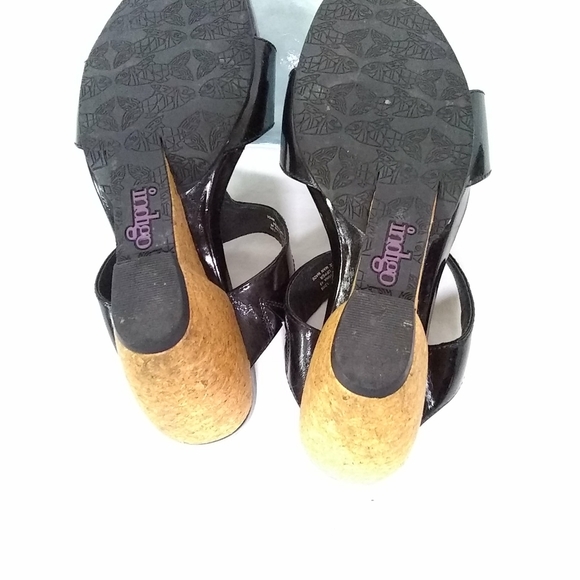 Indigo Womens Sandals 3" Wedge Cork Heels Black Leather Band  Slide On Size 7M - Picture 8 of 8